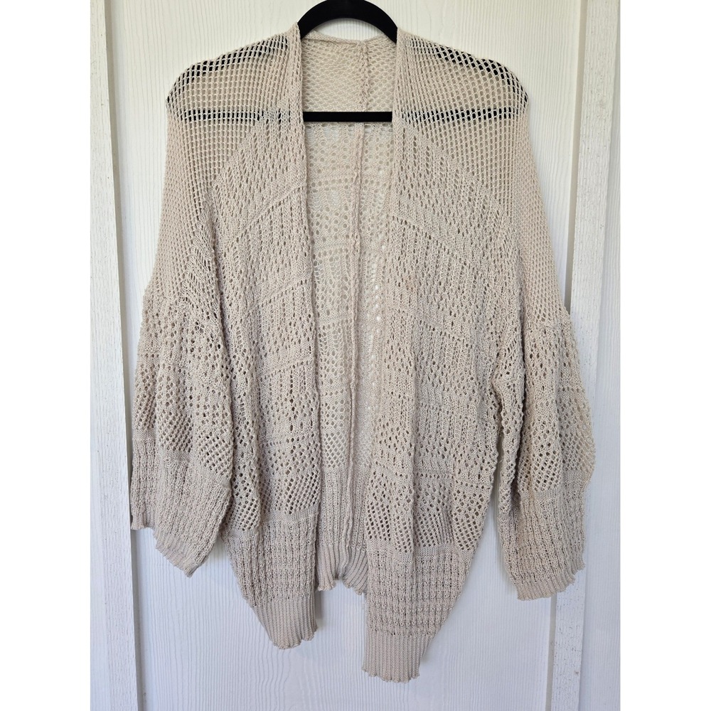 Cream Open Knit Balloon Sleeve Cardigan Sweater Cottagecore Peasant Coastal Boho